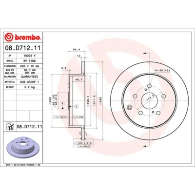 Afbeelding van BREMBO 08.D712.11 Remschijf 298 12 5 volledig Gecoat