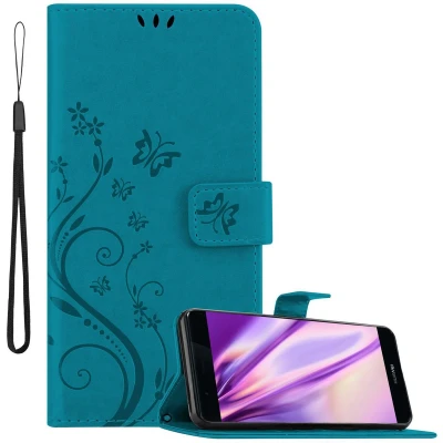 Afbeelding van Cadorabo Hoesje geschikt voor Huawei P9 PLUS in BLOEMEN BLAUW Beschermhoes bloemmotief met magnetische sluiting, standfunctie en kaartsleuven Book Case Cover Etui