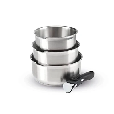 Afbeelding van Set van 3 sauspannen in roestvrij staal met afneembaar handvat Zilver / Zwart