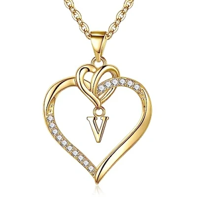 Afbeelding van TINGN hartvormige halsketting voor dames, zilver goud, 14 karaat witgoud verguld, initiaalketting met hanger, kubieke zirkonia, verjaardagscadeau vrouw, vriendin, moeder, Goud