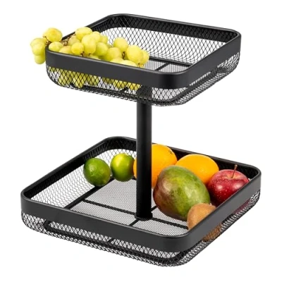 Afbeelding van eluno Vierkante fruitmand met 2 verdiepingen van zwart metaal, veel ruimte voor het overzichtelijk bewaren fruit, groenten, brood en snacks in keuken woonkamer