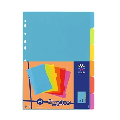 Afbeelding van Viquel Set van 6 tabbladen kunststof A4 formaat (21 x 29,7 cm) Voor ordners Neon kleur