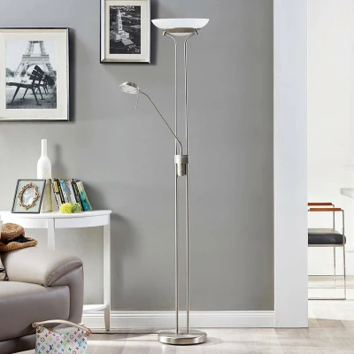 Afbeelding van Lindby LED vloerlamp met dimmer 1licht Metaal, glas H: 183 cm mat nikkel, wit albast Inclusief lichtbron