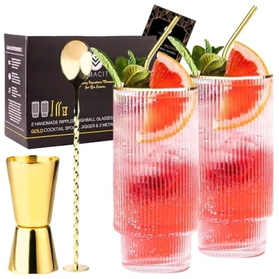 Afbeelding van Gecanneleerde Gin Tonic glazenset met gouden rand 2 longdrinkglazen, barlepel, maatbeker voor sterke drank, metalen rietjes Recept pdf cocktailglazen cadeau glazen set