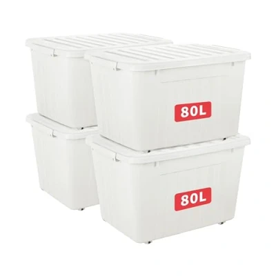 Image de Cetomo Lot de 4 boîtes rangement en plastique avec couvercle durable et boucles verrouillage sécurisées, empilables emboîtables, 80 L x 4, blanc