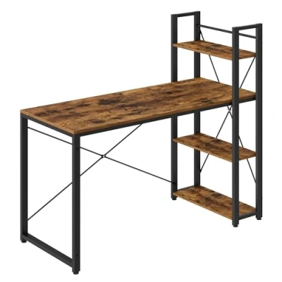 Afbeelding van VASAGLE Bureau met planken, links of rechts, lengte 137,2 cm, computertafel, voor thuiskantoor, eenvoudige montage, rustiek bruin en zwart LWD049B01