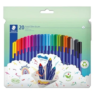 Afbeelding van STAEDTLER triplus color 323 C20 driehoekige viltstiften, drukbestendige punt, lijnbreedte 1 mm, geschikt voor kinderen, kartonnen etui met 20 gekleurde van gerecycled kunststof,