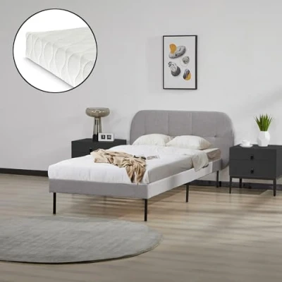 Afbeelding van Gestoffeerd bed Porvoo met bedbodem en matras 90x200 cm grijs [en.casa]