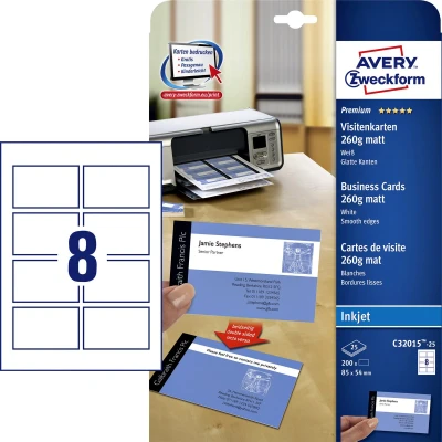 Afbeelding van Avery Visitekaarten Voor Inkjet Quick&amp;clean Mat, 200 Kaartjes, 260 G/m²