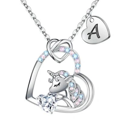 Afbeelding van TINGN Eenhoorn cadeau voor meisjes, CZ ketting in hartvorm, eenhoorn, meisjes en vrouwen, verjaardagscadeau Messing, Zirkonia