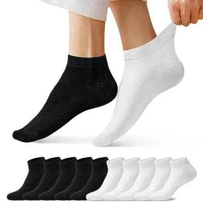 Afbeelding van FALARY 10 Paar Enkelsokken Heren &amp; Dames Sneakersokken Katoen Ademende sportsokken, 5x Zwart + Wit, 39 42 EU
