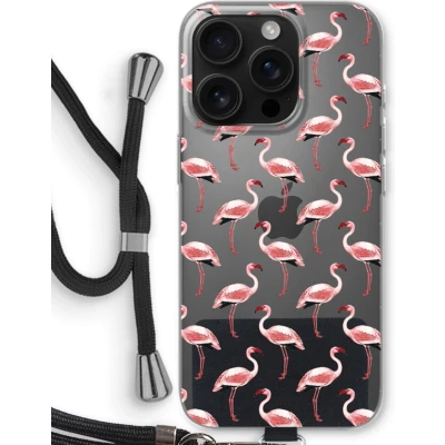 Afbeelding van Case Company® hoesje met Koord geschikt voor iPhone 16 Pro Flamingo Telefoonhoesje Zwart Bescherming aan alle Kanten en Over de Schermrand