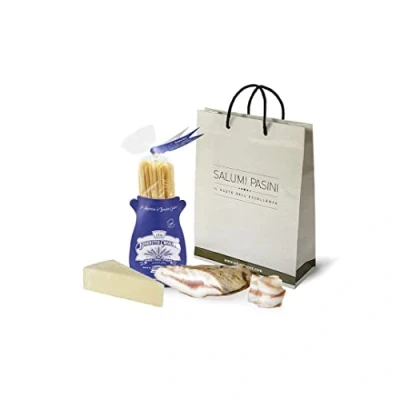 Afbeelding van Receptset &quot;Pasta met carbonara&quot; Salumi Pasini® Italiaanse producten voor een traditionele Carbonara Inclusief: Kussen 250 g, Spaghettoni Benedetto Cavalieri en Pecorino Romano DOP 350 g