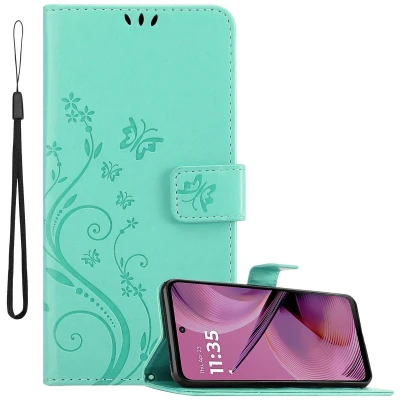 Afbeelding van Cadorabo Hoesje geschikt voor Motorola Moto G55 in BLOEMEN TURKOOIS Beschermhoes bloemmotief met magnetische sluiting, standfunctie en kaartsleuven Book Case Cover Etui