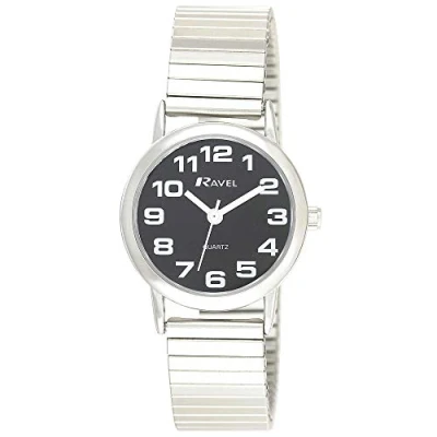 Afbeelding van Ravel Uniseks horloge met uittrekbare armband van roestvrij staal grote cijfers kwarts analoog R0208, Zilver/Zwart, Klassiek, casual