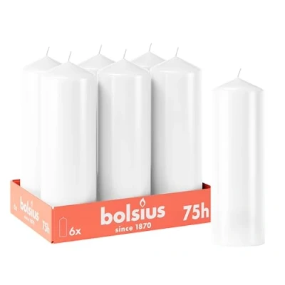 Afbeelding van Bolsius Set van 6 gladde stompkaarsen Wit 20 x 7 cm Huishoudelijke decoratieve kaarsen 75 uur brandduur Niet geparfumeerd Bevat natuurlijke plantaardige was Olievrij