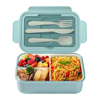 Afbeelding van Diboniur Lunchbox, Bento lunchbox voor kinderen en volwassenen, 1400 ml, met 3 vakken, lekvrij, bestek, geschikt magnetron, vaatwasser, school, picknick, werk (blauw)
