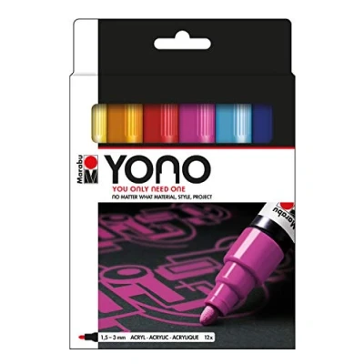 Afbeelding van Marabu YONO 124000004 Markeerset met 12 kleuren, veelzijdige acrylstiften Japanse ronde punt, 1,5 3 mm, waterbasis, lichtecht en waterdicht, voor bijna alle ondergronden