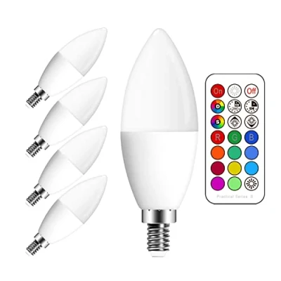 Afbeelding van Ledlamp, E14, RGB, 5 W (komt overeen met 50 W), kaarslamp, koud wit, 6000 K, kleur veranderend via afstandsbediening, 4 stuks