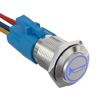 Afbeelding van APIELE Momentelijke claxonknop 16 mm 12 V met waterdichte led, kortstondige schakelaar voorbedrade stekker, voor auto, camper, vrachtwagen, boot, blauw
