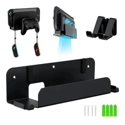 Afbeelding van Tolesum Wandhouder voor Switch 2, compatibel met Dock en JoyCon Pro Controller, robuuste metalen houder, ruimtebesparende houder ventilatiegaten, zwart