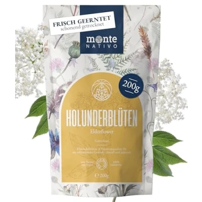 Afbeelding van Monte Nativo Vlierbloesemthee (200 g), voorzichtig gedroogd, 100% zuiver en natuurlijk, als kruidenthee of cadeau, fruitthee