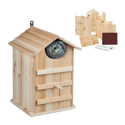 Afbeelding van Relaxdays uilenkast bouwpakket hout met klep invliegopening: 9,5 cm nestkast uilen