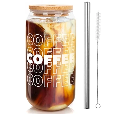 Afbeelding van IJskoffiemok, koffiekopjes met deksel en rietje, bierglas glazen bekers in blikvorm, 590 ml, drinkglazen, smoothiebekers
