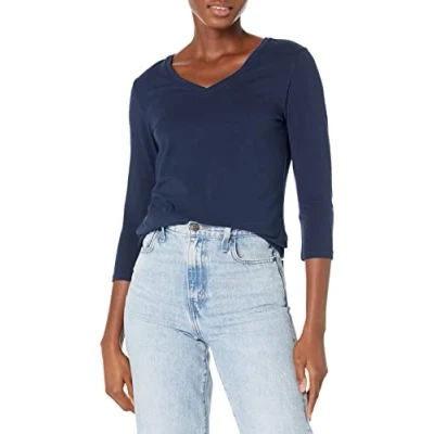 Image de Amazon Essentials T Shirt Col En v À Manches 3/4 Coupe Classique (Grandes Tailles Disponibles) Women&#039;s, Bleu Marine, XL