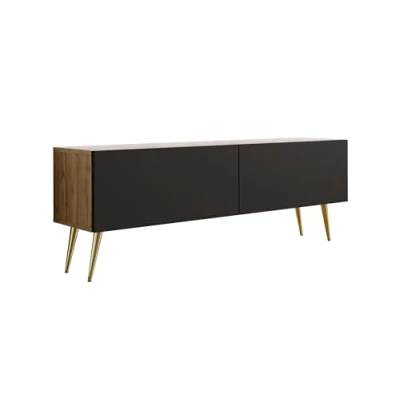 Afbeelding van TV kast: twee deuren, planken, kleur: Wotan eiken / mat zwart, gouden poten D: L: 140 cm, H: 52 32 cm