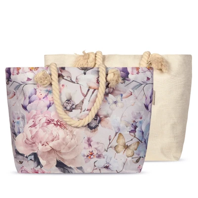 Afbeelding van Strandtas met Bloemen en Vlinders Print 43x60 cm Grijs Oeko Tex Gecertificeerd Polyester Linnen Hippe Touw Handvat