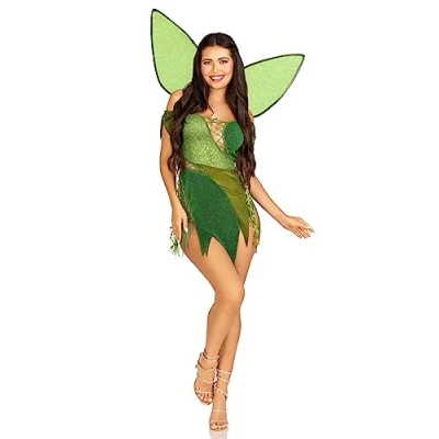 Afbeelding van Leg Avenue 3 stuks Forest Fairy, bevat een patchwork jurk met verstelbare veters en tattered rok, bladaccenten, afneembare transparante bandjes glinsterende fairy wings