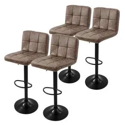 Afbeelding van ML Design barkruk set van 4, bekleding kunstleer, bruin, gestoffeerde met rugleuning en voetensteun, in hoogte verstelbare barkruk, 360 draaibaar, bistrostoel draaistoel barstoelen