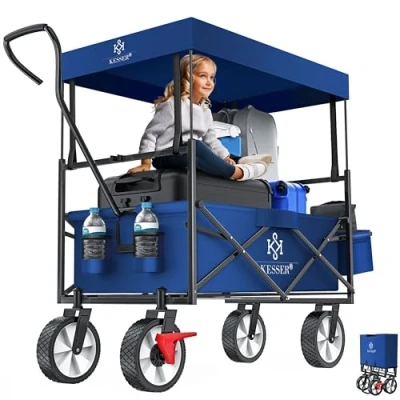 Afbeelding van KESSER® Opvouwbare transportwagen met dak, armwagen, trolley wielen, transportaanhanger, 2 netvakken en een buitenvak inbegrepen, opvouwbaar (marineblauw)