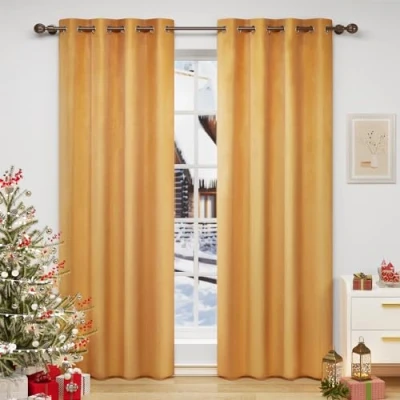 Afbeelding van WOLTU VH6068sef 2 Warmtewerende gordijnen met bevestigingsogen, set van 2, ondoorzichtig, fluweel, raamdecoratie voor slaapkamer, 140 x 270 cm Mosterdgeel