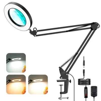Afbeelding van YOUKOYI 5 x led vergrootlamp, bureauvergrootlamp met klem, verstelbare metalen draaibare arm, 3 kleurmodi, traploos dimmen, geheugenfunctie, voor reparatie/naaien/werken/lezen