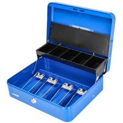 Afbeelding van HMF 15230 05 afsluitbare geldcassette met muntvak en 4 vakken voor bankbiljetten klem, 30 x 24 9 cm, blauw