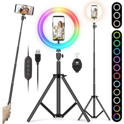 Afbeelding van YISSVIC Ringlicht, 10 inch, RGB, 26 kleuren, helderheidsniveaus, met verstelbaar statief, afstandsbediening voor selfie YouTube video