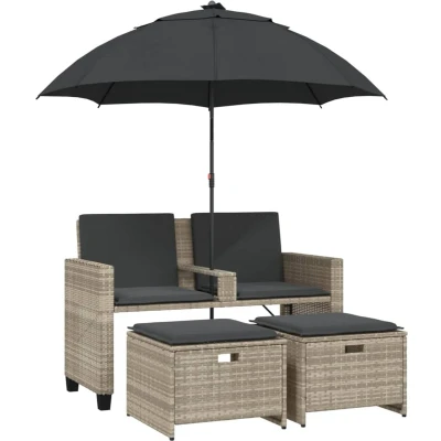 Afbeelding van vidaXL Tuinbank 2 zits parasol en voetenbanken poly rattan lichtgrijs