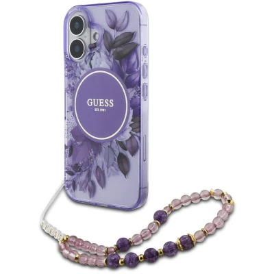 Afbeelding van Guess Hoesje Geschikt voor iPhone 16 Met Koord MagSafe IML Case Flowers with beads strap paars