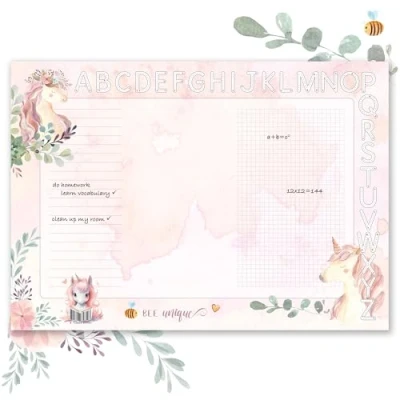 Afbeelding van TOBJA bureauonderlegger DIN A3 voor meisjes, schattig eenhoorn design, dik papier 90 g/m², met ABC balk om in te kleuren, perfect de eerste schooldag, van papier, 25 vellen