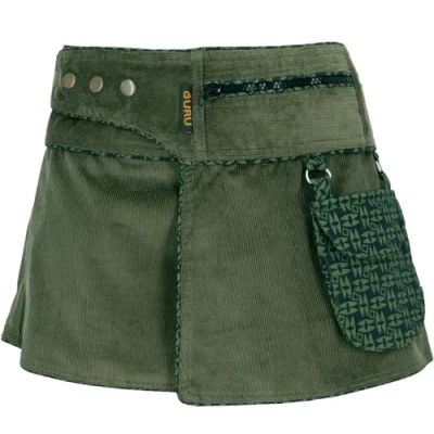 Afbeelding van GURU SHOP Corduroy wikkelrok minirok verbergen sidebag dames katoen korte rokken alternatieve kleding, Groen