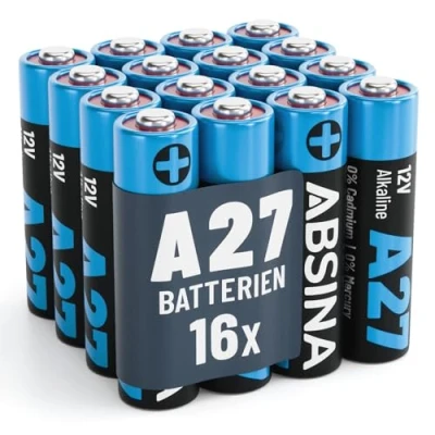Afbeelding van ABSINA 16 stuks 27 A 12 V alkalinebatterijen voor garagedeuropener en nog veel meer alkaline batterij Mini waterdicht lange levensduur