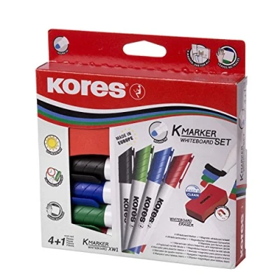 Afbeelding van Whiteboard &amp; Flipover markers Kores XW1, ronde punt 3mm 4 stuks en wisser