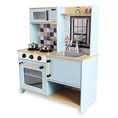 Afbeelding van Speelkeuken Licht Blauw DeQube Houten Keukentje voor Kinderen Twee Modules Met en Geluid Kinderkeuken inclusief Accessoires