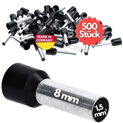 Afbeelding van 500 stuks Kalitec AE1508SW adereindhulzen geïsoleerd 1,5 mm² 8 mm lang zwart I Made in Germany Industriële kwaliteit