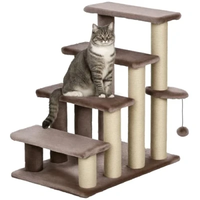Afbeelding van PawHut Kattentrap met 4 niveaus, boom, speelbal, voor huisdieren tot 5 kg, pluche en jute, bruin, 60 x 40 64 cm
