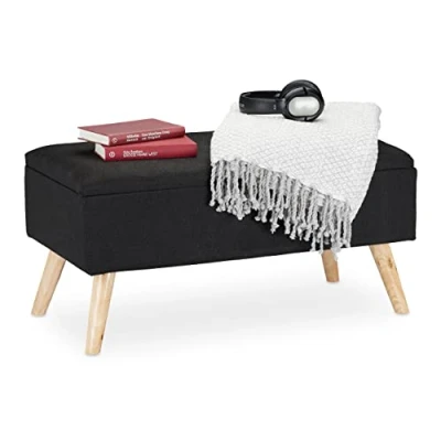Afbeelding van Relaxdays Opbergbank, gevoerd, houten poten, kist met stoffen bekleding, 39,5 x 79,5 39 cm, zwart, schuim, 1 element