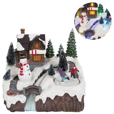 Afbeelding van Cheqo® Kerstdorp Met Kersthuisje Kersttafereel Kerstdecoratie LED Licht Sneeuwpop en Bewegende IJsbaan