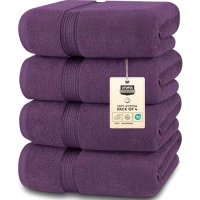 Afbeelding van Utopia Towels Set van 4 hoogwaardige badhanddoeken 100% gekamd katoen, sneldrogend, zeer absorberend, zachte handdoeken, perfect voor dagelijks gebruik, 69 x 137 cm (pruim)
